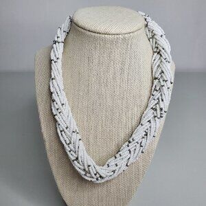 Braided Beaded‎ Necklace White Silver Tone Statemen
